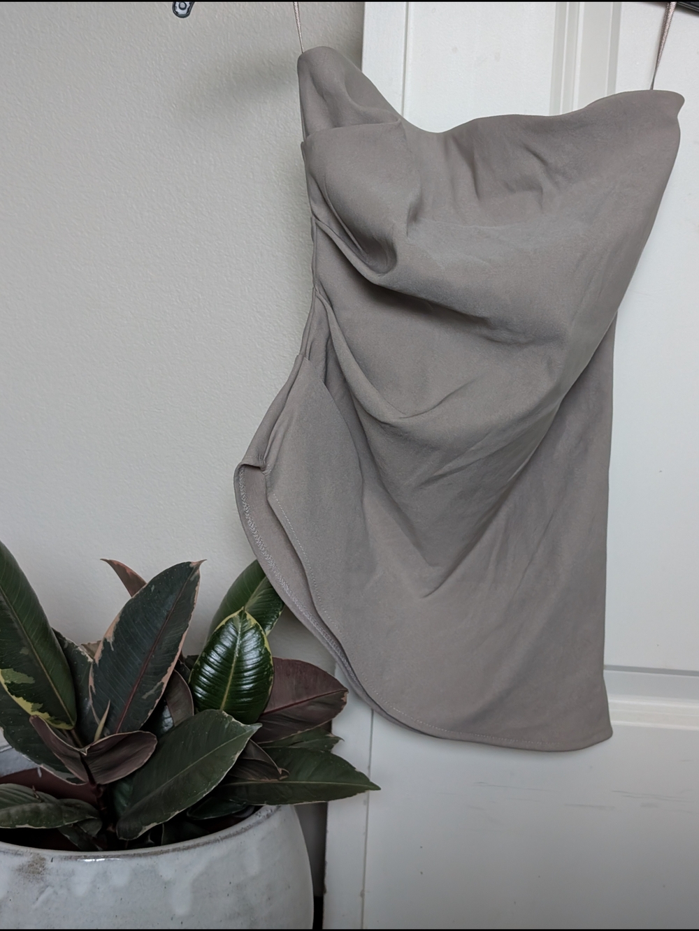 Zara Taupe Strapless Ruched Asymmetrical Fitted Top